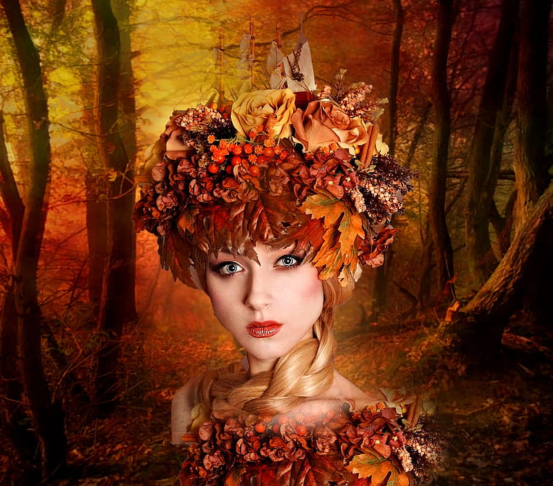 Autumn In The Forest, etheral women, flower crown wreath, leaf color to gals, Etsy, color on black, women are special, facing beauty, album, grandma gingerbread, HD wallpaper