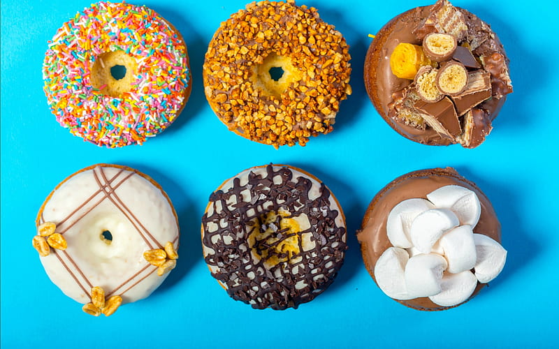 Donuts, donut, food, blue, dessert, sweet, HD wallpaper