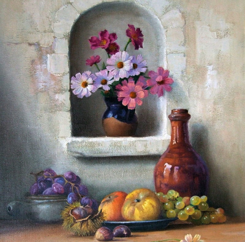 Alcove with Flowers, art, still life, paintings, alcove, flowers, HD wallpaper