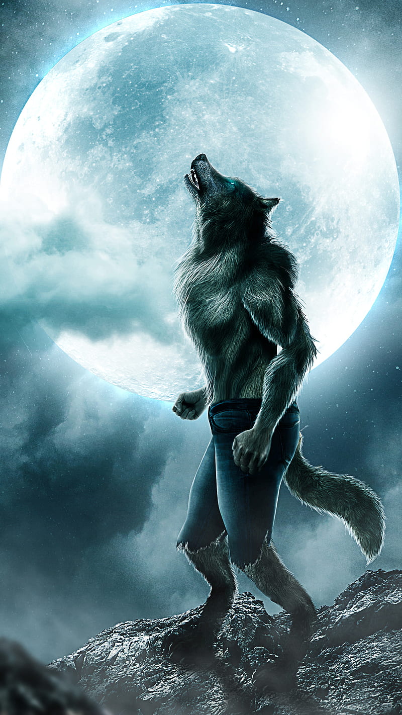 lobo, animal, art, fantasía, luna, mitología, sandevil, hombre lobo, de pantalla de teléfono HD | Peakpx
