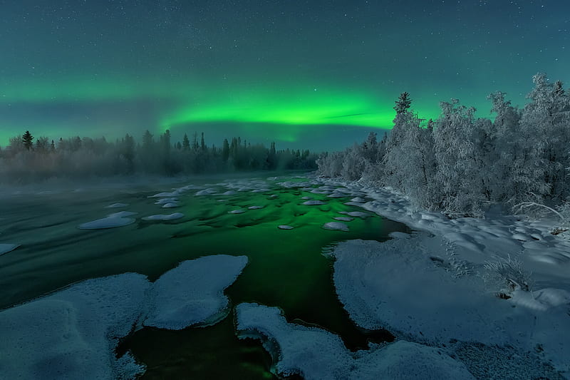 Earth, Aurora Borealis, Night, River, Russia, Snow, Winter, HD wallpaper