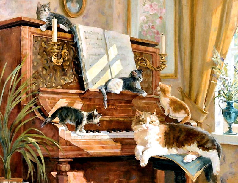 Cat and Her Kittens on the Piano FC , candle, art, kittens, bonito, sheet music, pets, artwork, piano, animal, feline, painting, wide screen, cats, HD wallpaper
