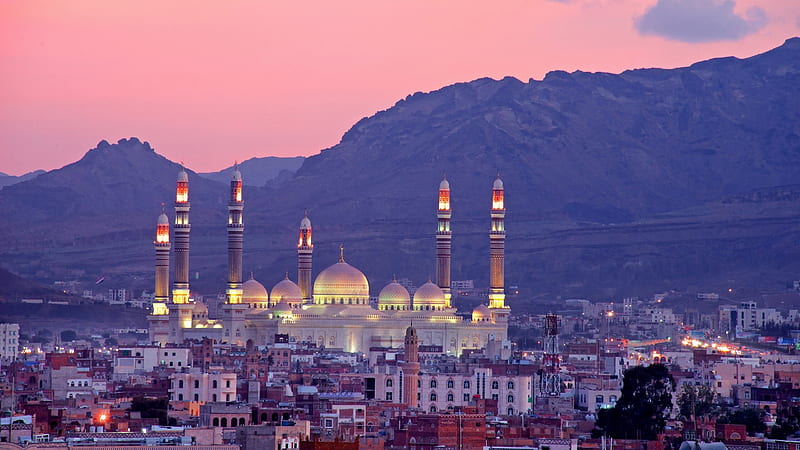 Al Saleh Mosque Building Mountain Panorama Sana'a Sunset Yemen Travel, HD wallpaper