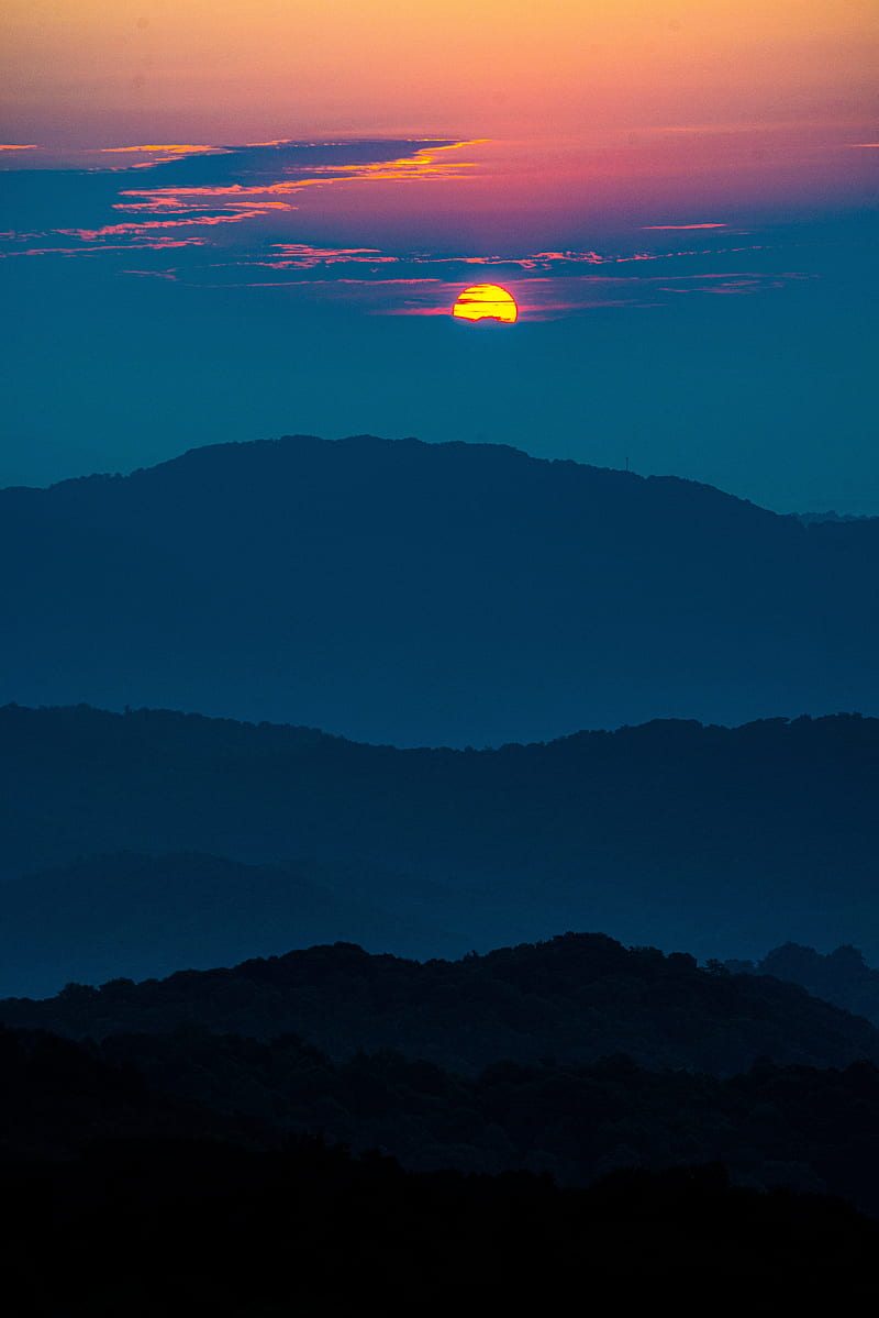 sunset, mountains, hills, clouds, dusk, HD phone wallpaper