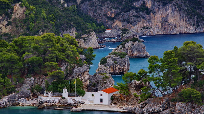 beautiful chapel in a wild greek seacoast, rocks, chapel, trees, coast, sea, HD wallpaper