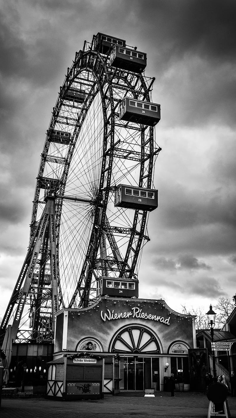 Ferris wheel, austria, blackwhite, ferriswheel, vienna, HD phone wallpaper