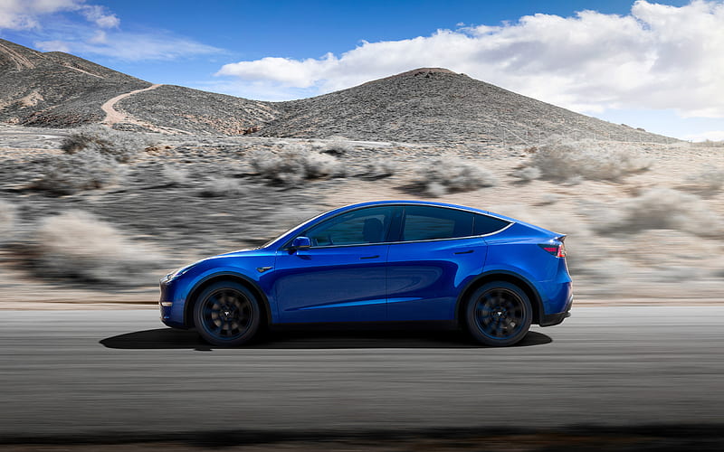 Tesla Model Y, 2021, side view, new blue Model Y, electric car, electric compact crossover, american electric cars, Tesla, HD wallpaper