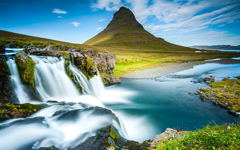 Iceland waterfall, river, mountains, Reykjavik, HD wallpaper