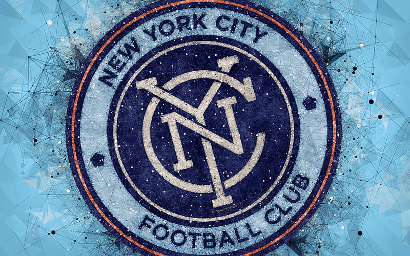 New York City FC American soccer club, logo, creative geometric art, blue abstract background, emblem, art, MLS, New York, USA, Major League Soccer, football, HD wallpaper