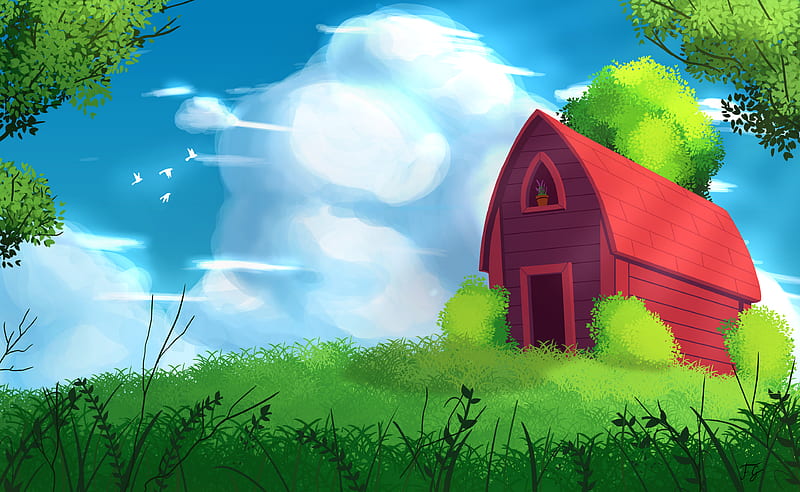 house, trees, grass, clouds, art, HD wallpaper
