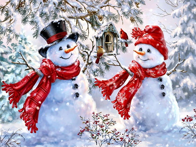 Snowy and Sparkles, hats, snowmen, snow, scarves, birds, winter, HD wallpaper