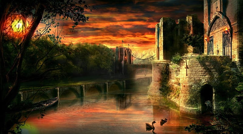 The Castle Moat, ducks, water, sky, castle, HD wallpaper