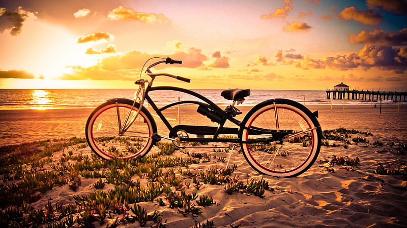 vintage bicycle on a beach at sunset, beach, bicycle, sunset, pier, HD wallpaper