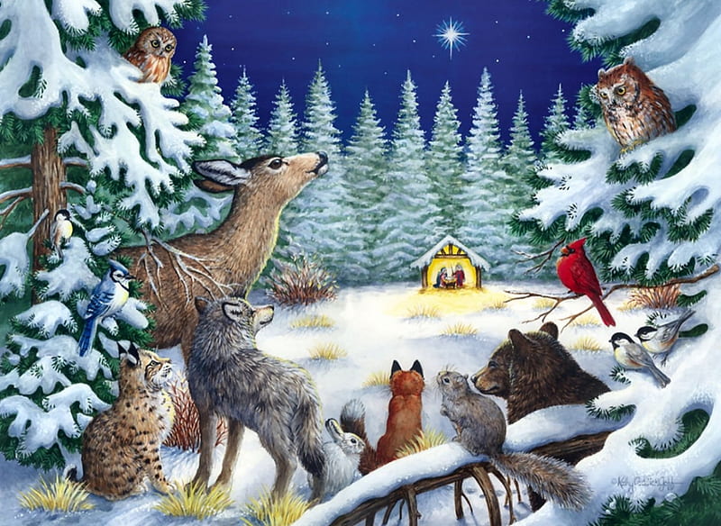 Forest Manger F1, Christmas, squirrel, December, bear, bonito, illustration, artwork, deer, chickadees, painting, wide screen, scenery, art, owl, rabbit, holiday, cat, winter, fox, snow, wildlife, occasion, bobcat, wolf, cardinal, HD wallpaper