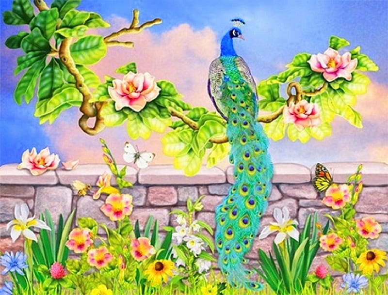 ✬Peacock in Magnolia✬, magnolia, paintings animals, peacock, attractions in dreams, bonito, creativer pre-made, paintings, bright, flowers, butterfly designs, animals, lovely, colors, love four seasons, birds, butterflies, gardens, summer, HD wallpaper