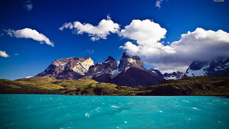 Torres del Paine, Chile, Sea, Mountains, Sky, Clouds, Chile, Torres del paine, HD wallpaper
