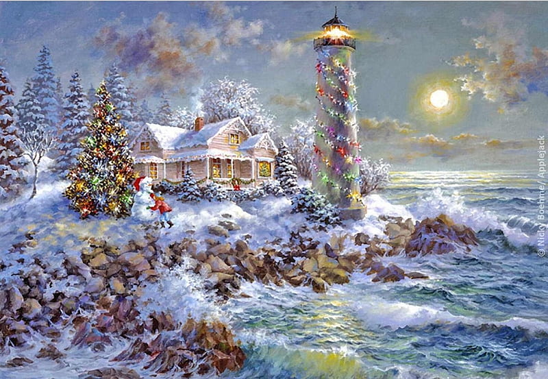 Christmas, art, moon, pictura, nicky boehme, tree, night, sea ...