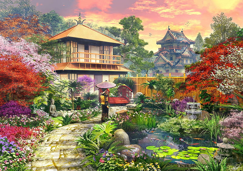 Japanese garden, red, art, green, painting, asian, flower, pictura, HD wallpaper