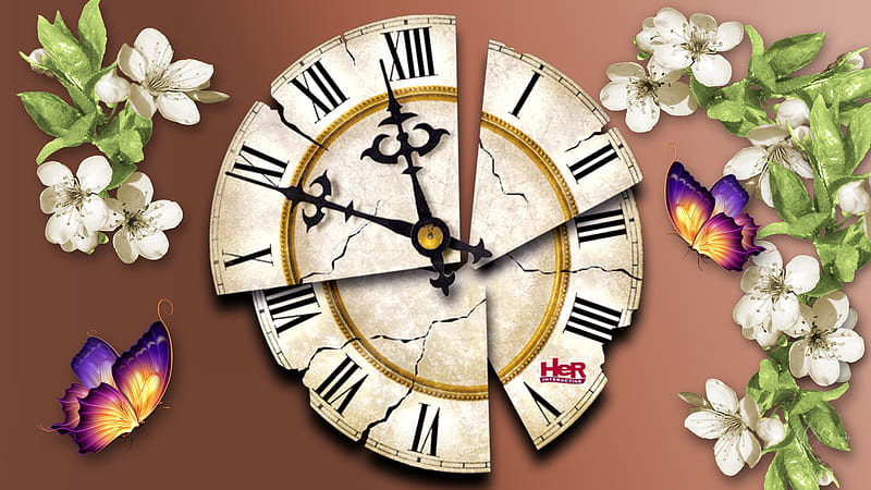 Daylight Savings Time, time, clock, spring, butterflies, flowers, blossoms, blooms, Firefox Persona theme, HD wallpaper