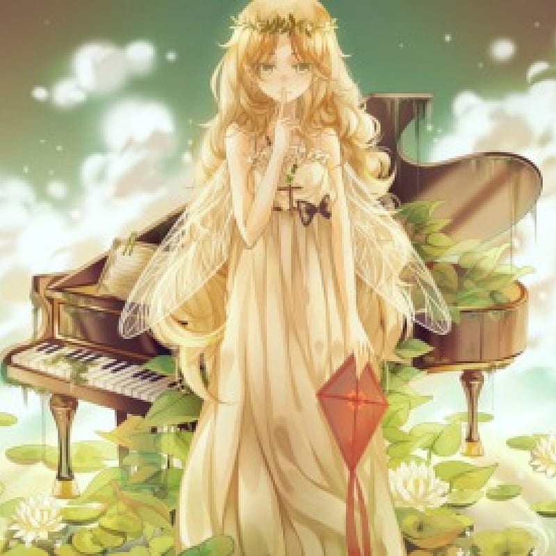 Silent Noise, pretty, silent, lotus, dress, blond, bonito, wing, floral, sweet, blossom, nice, anime, beauty, anime girl, long hair, fairy, female, wings, lovely, water lily, gown, blonde, blonde hair, blond hair, piano, pond, kite, girl, flower, HD wallpaper