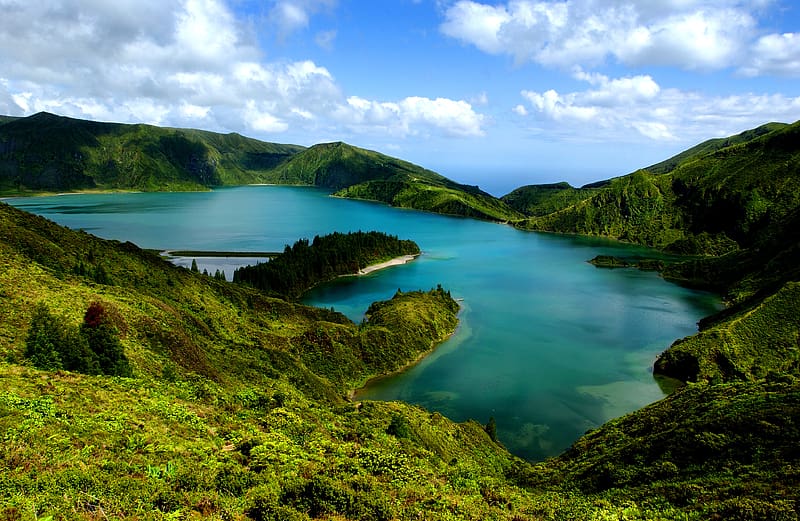 Landscape, Nature, Grass, Lakes, Lake, , Portugal, Azores, Furnas Lake, HD wallpaper