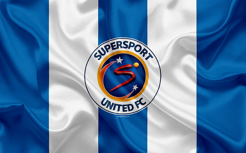 SuperSport United FC logo, blue white silk flag, South African football club, emblem, Premier League, Pretoria, South Africa, football, silk texture, HD wallpaper