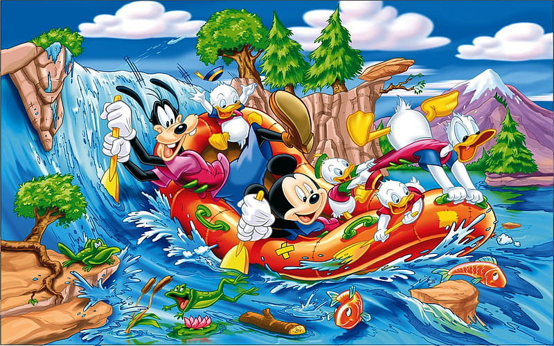 Summer adventure, red, friend, goofy, donald duck, mickey mouse, boat, fantasy, vara, water, summer, disney, blue, HD wallpaper