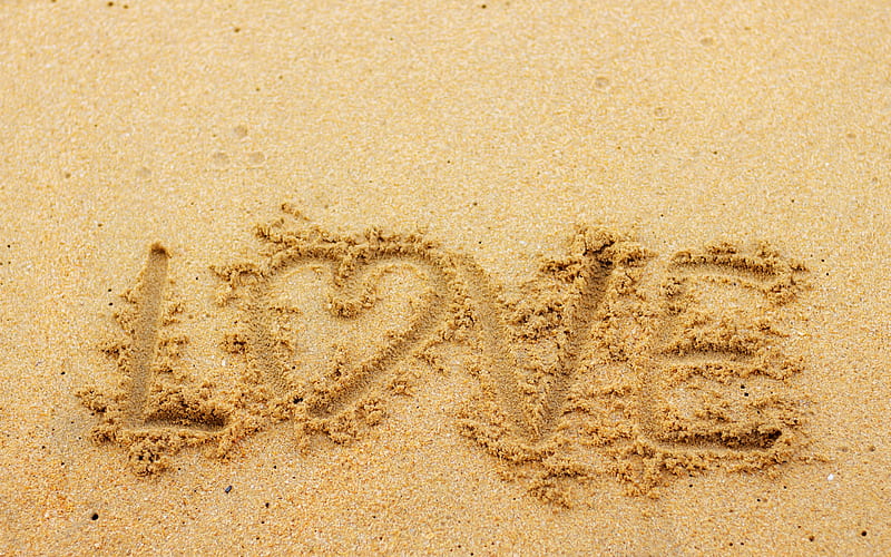 The word love in the sand, written word, inscription, love concepts, beach, sand, HD wallpaper