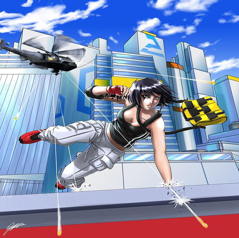 Faith Connors, games, bag, video game, game, video games, cargo pants, clouds, city, bullets, gloves, black hair, female, mirrors edge, helicopter, buildings, sky, yellow eyes, skyscrapers, short hair, singlet, girl, faith, HD wallpaper