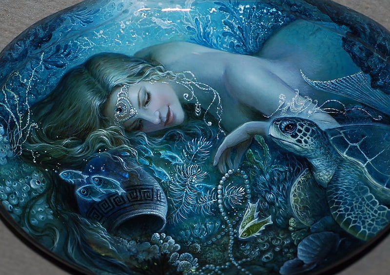 Sleeping Mermaid, Pretty, Mermaid, bonito, Sleeping, Fantasy, Blonde, Abstract, Woman, Jewelry, Turtle, HD wallpaper