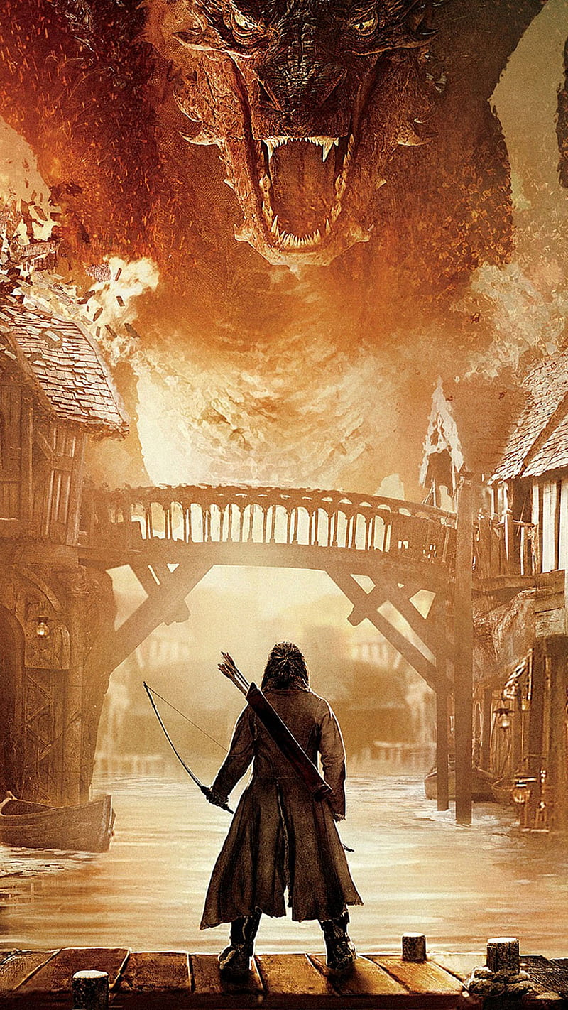 Hobbit, archer, bridge, dragon, fire, movie, river, town, water, HD phone  wallpaper | Peakpx