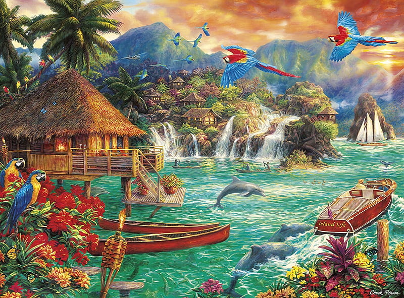 Island life, art, house, luminos, life, parrot, animal, boat, water, bird, painting, summer, cootage, island, pictura, HD wallpaper