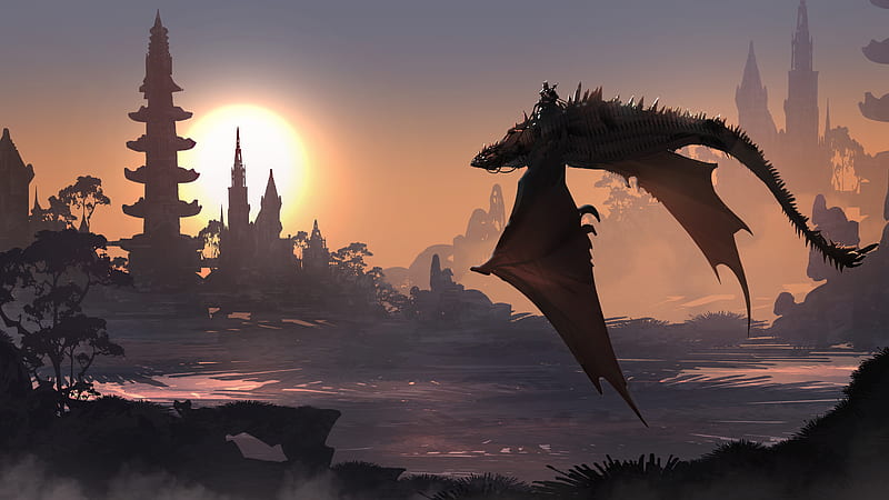 Fantasy Dragon Is Flying High Having Man On Back Dreamy, HD wallpaper