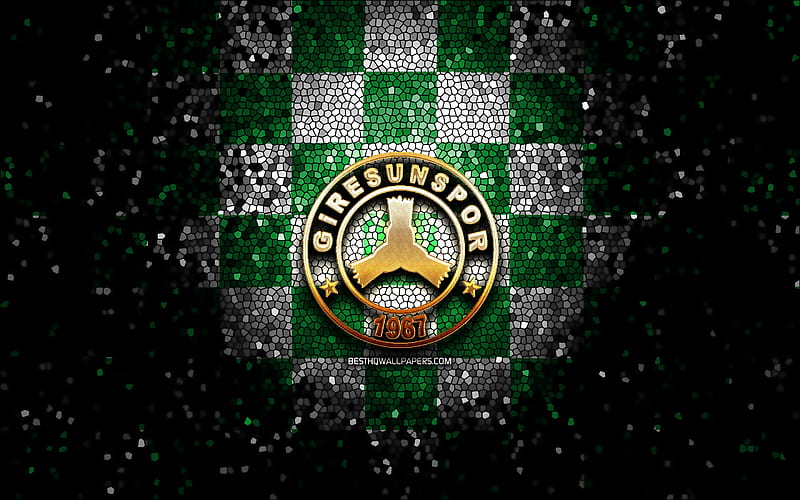 Giresunspor FC, glitter logo, 1 Lig, green white checkered background, soccer, turkish football club, Giresunspor logo, mosaic art, TFF First League, football, Giresunspor, HD wallpaper
