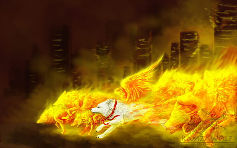 Waves Wolfs of Flames, art, flames, wolf, waves, dogs, HD wallpaper
