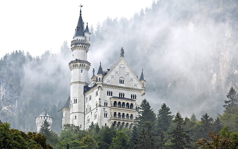 Neuschwanstein Castle, Germany, Bavaria, romantic places, forest, HD wallpaper