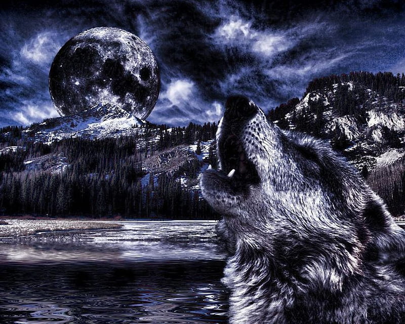 Moon of the Wolf, hills, trees, sky, lake, artwork, predator, howling, landscape, night, HD wallpaper