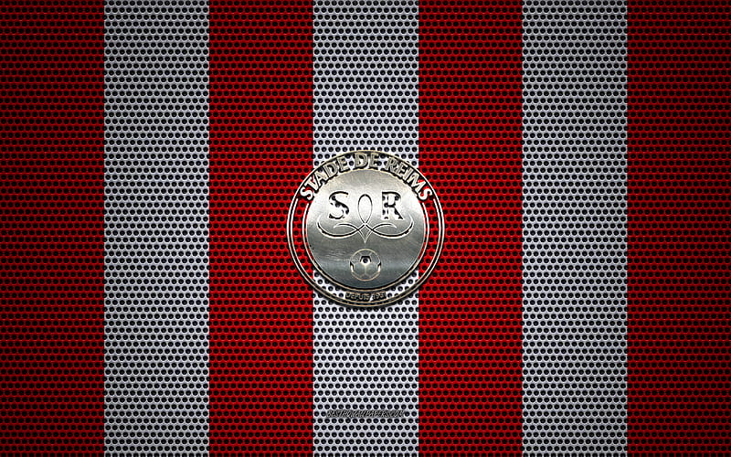 Stade de Reims logo, French football club, metal emblem, red and white metal mesh background, Stade de Reims, Ligue 1, Reims, France, football, HD wallpaper