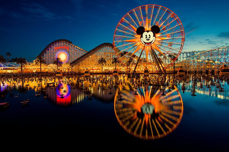 Disney Land at Night, Reflection, Farris Wheel, Disney, Theme Park, HD wallpaper