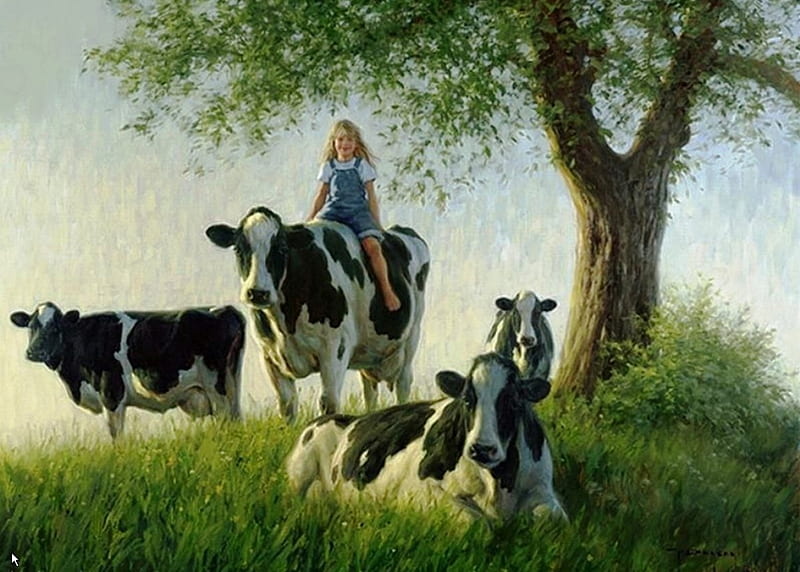 cows and girl, art, paintings, cool, nature, fields, animals, cows, HD wallpaper