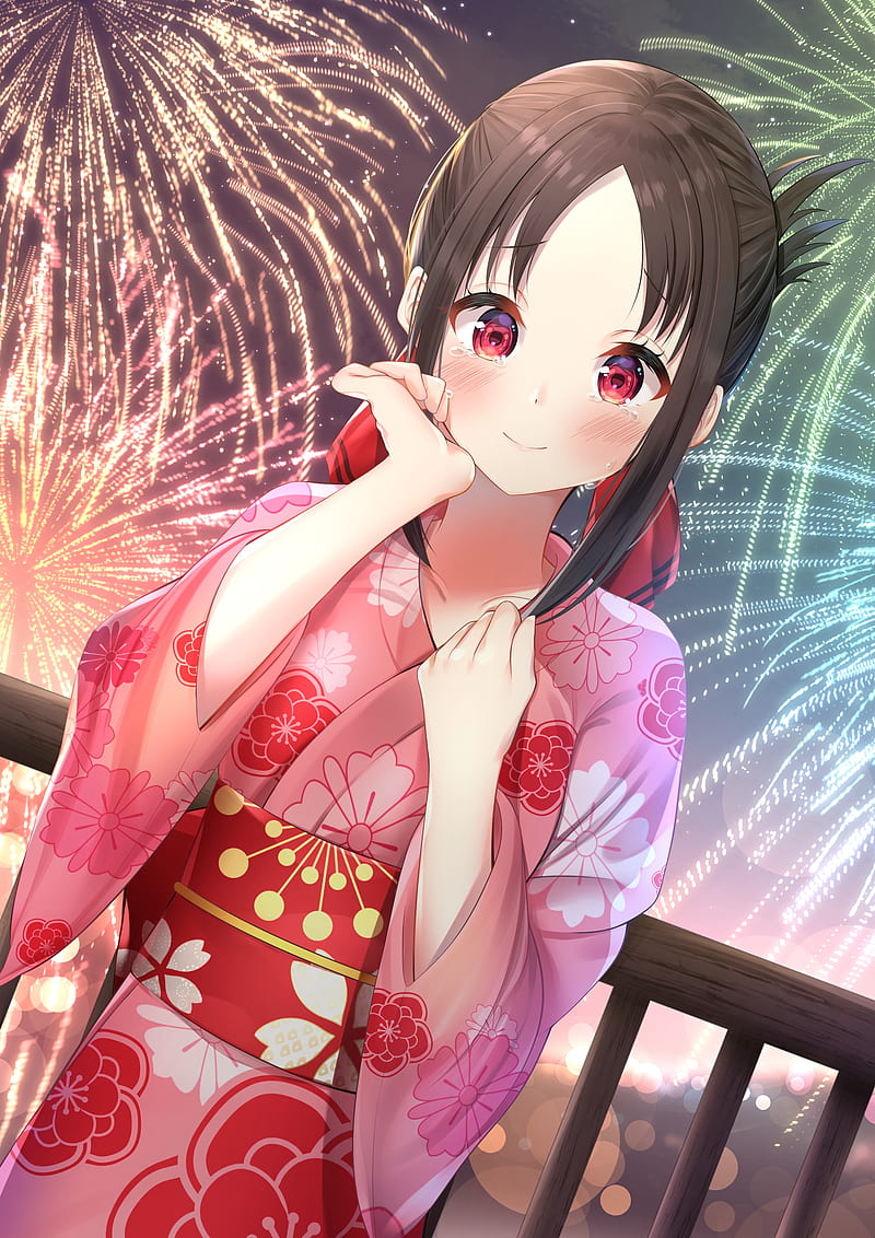 shinomiya kaguya, fireworks, kaguya-sama wa kokurasetai, kimono, festival, brown hair, Anime, HD phone wallpaper