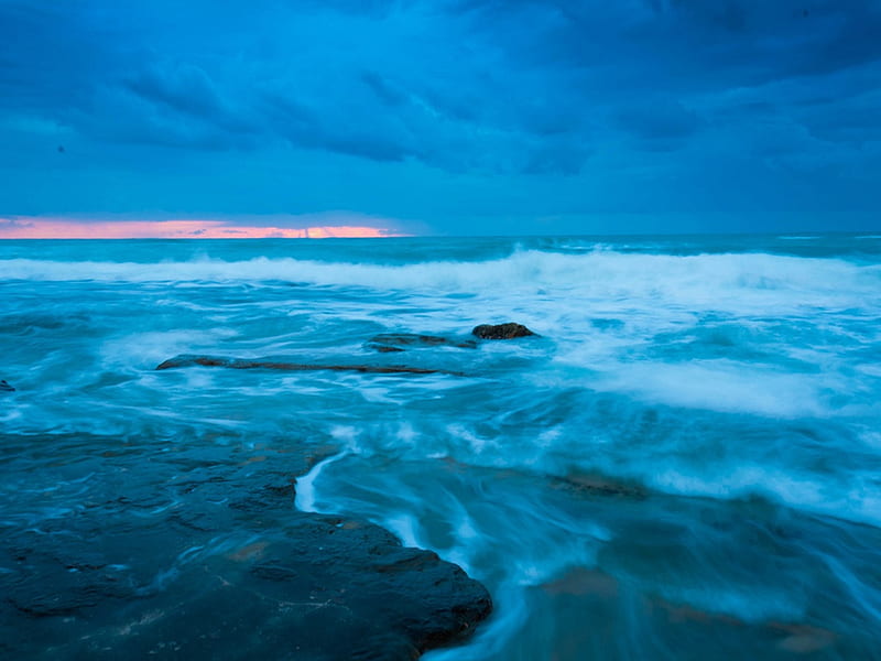 Blue Sea 2, ocean, dusk, waves, sky, sea, blue, HD wallpaper
