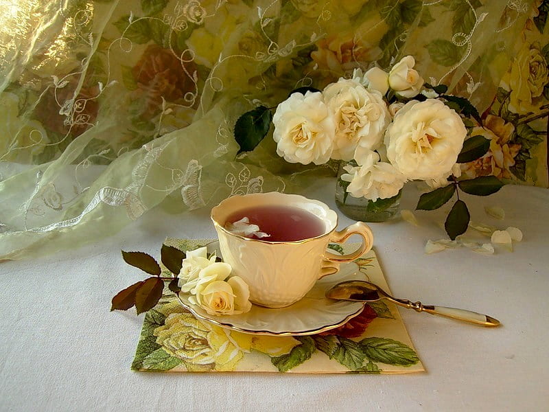 Refinement, pretty, spoon, saucer, curtain, matching set, roses, tea, floral, cup, flowers, petals, white, silverware, HD wallpaper