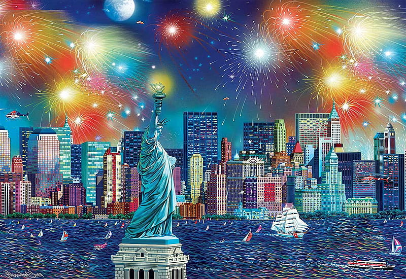 Manhattan Celebration, skyscrapers, USS, liberty, New York, statue, digital, colors, HD wallpaper