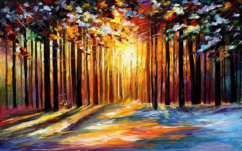 Autumn, red, forest, colorful, art, orange, woods, yellow, leaf, tree, painting, leonid afremov, pictura, bue, HD wallpaper