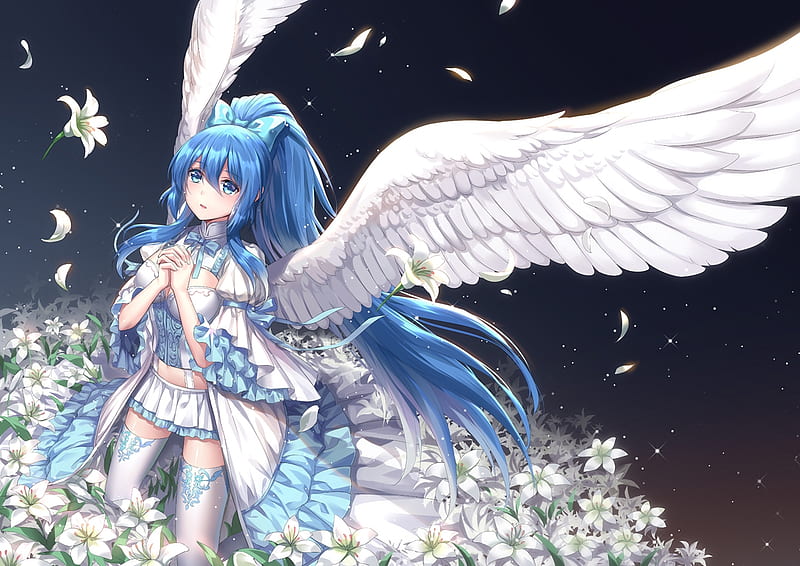 Angel, wings, althea sakiya0000, manga, fantasy, girl, anime, flower, white, blue, HD wallpaper