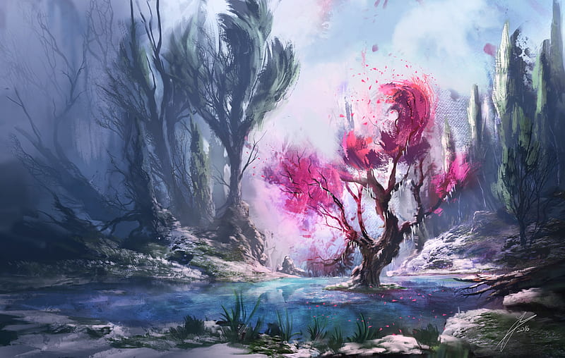 fantasy landscape, trees, stream, Fantasy, HD wallpaper