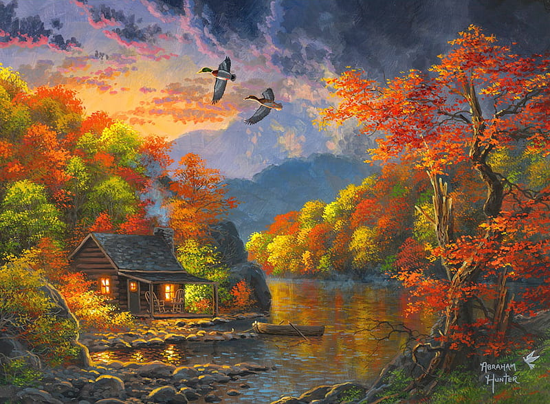 Lakeside retreat, bonito, river, lake, art, fall, autumn, cottage, retreat, countryside, lakeside, painting, peaceful, HD wallpaper