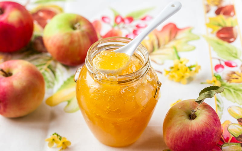 honey, apples, fruit, summer, honey harvest concepts, glass jar of honey, HD wallpaper