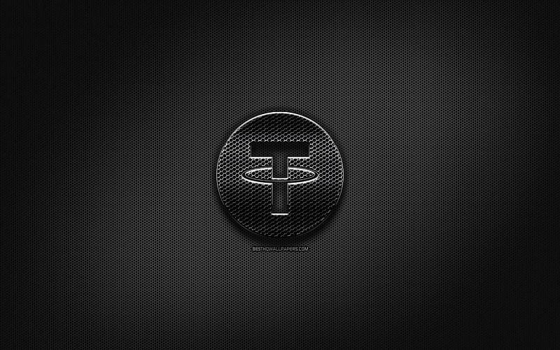 Tether black logo, cryptocurrency, grid metal background, Tether, artwork, creative, cryptocurrency signs, Tether logo, HD wallpaper